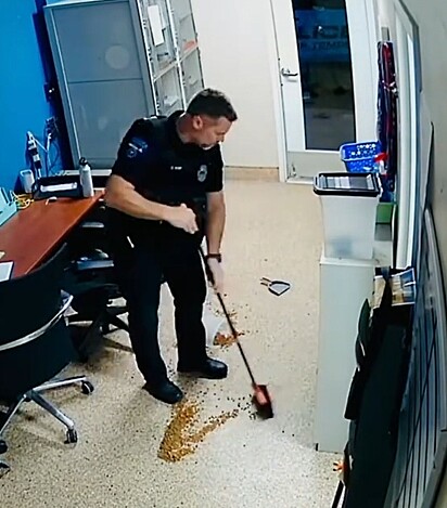 O policial linpnado a bagunça que o King fez.