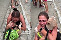 O cachorrinho foi super simpático ao ser abraçado por uma mulher na rua.