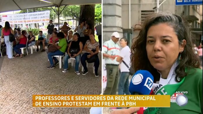 Professores e servidores da rede municipal de ensino protestam em frente à prefeitura de BH