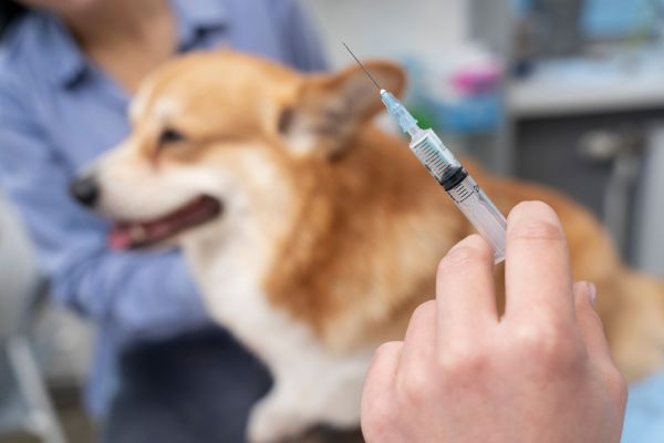 Mão segurando uma seringa em primeiro plano, na frente de um cão em uma clínica veterinária.