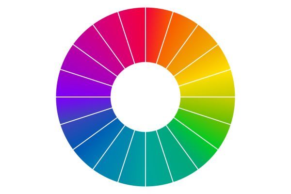 Imagem de uma cartela de cores, um círculo com diversas cores diferentes e fundo branco.