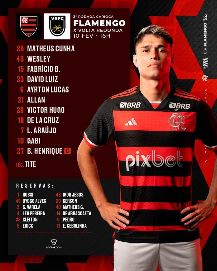 SAIU! Com De La Cruz e Gabigol, Flamengo divulga escalação para jogo contra Volta Redonda, pelo Carioca